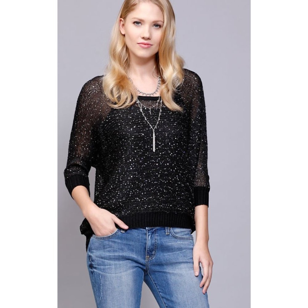 Miracle City Black Knit Sequined Cashmere Blend Top sz S/M